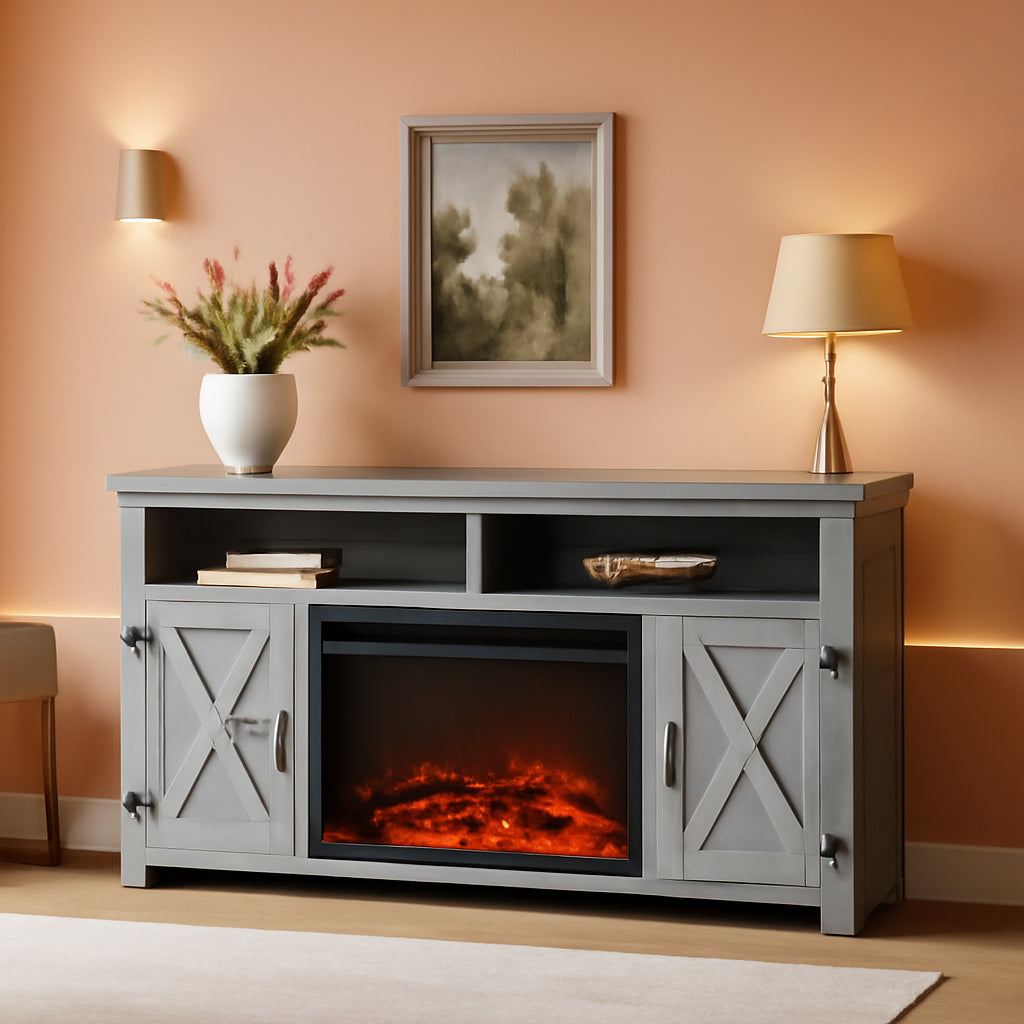 Rustic Fireplace TV Stand 65 Inch with Barn Doors Grey Wash