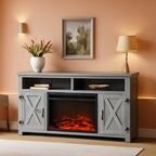 Rustic Fireplace TV Stand 65 Inch with Barn Doors Grey Wash