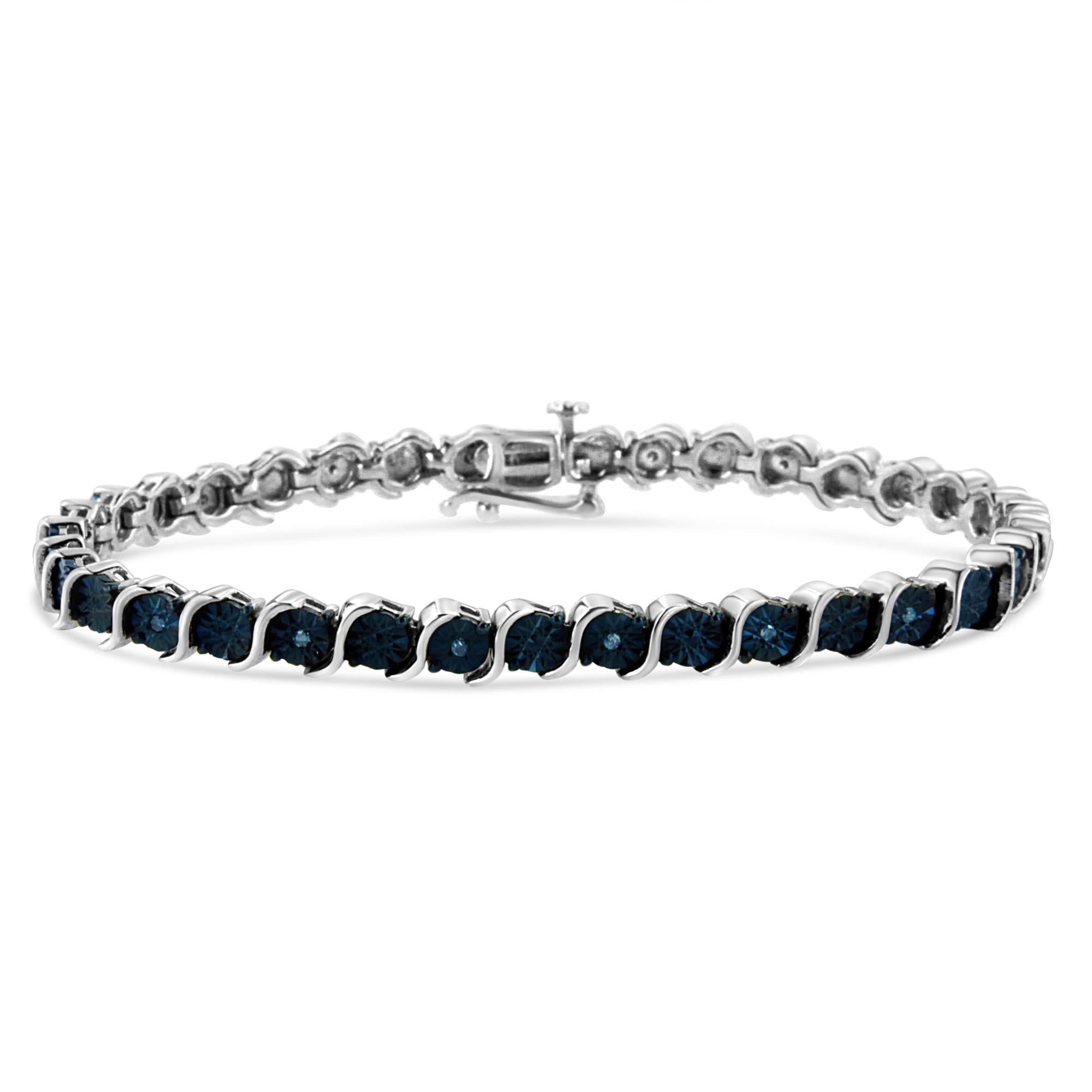 .925 Sterling Silver 1/10 Cttw Miracle-Set Treated Blue Color Diamond Miracle Plate "S" Link Tennis Bracelet (Blue Color, I2- I3 Clarity) - 7.25"-0