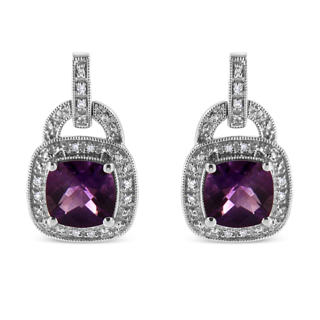 .925 Sterling Silver 8MM Natural Cushion Shaped Amethyst and Diamond Accent Halo with Push Back Dangle Earrings (I-J Color, I2-I3 Clarity)-0