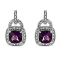 .925 Sterling Silver 8MM Natural Cushion Shaped Amethyst and Diamond Accent Halo with Push Back Dangle Earrings (I-J Color, I2-I3 Clarity)-0