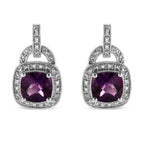 .925 Sterling Silver 8MM Natural Cushion Shaped Amethyst and Diamond Accent Halo with Push Back Dangle Earrings (I-J Color, I2-I3 Clarity)-0