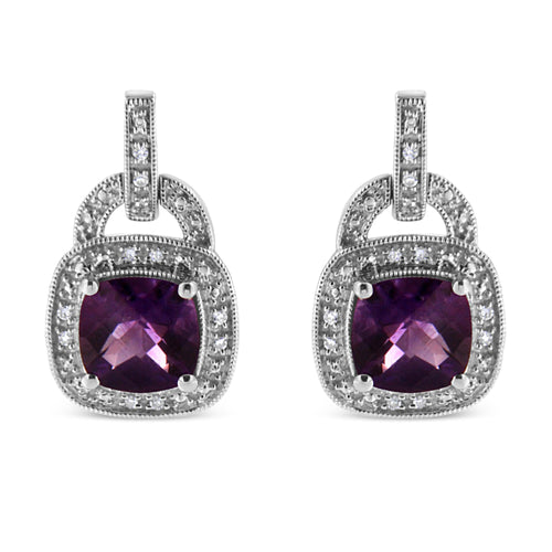 .925 Sterling Silver 8MM Natural Cushion Shaped Amethyst and Diamond Accent Halo with Push Back Dangle Earrings (I-J Color, I2-I3 Clarity)-0