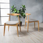 Beige Fabric Dining Chairs With Oak Finish 2 Pack Set