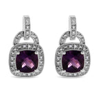 .925 Sterling Silver 8MM Natural Cushion Shaped Amethyst and Diamond Accent Halo with Push Back Dangle Earrings (I-J Color, I2-I3 Clarity)-1