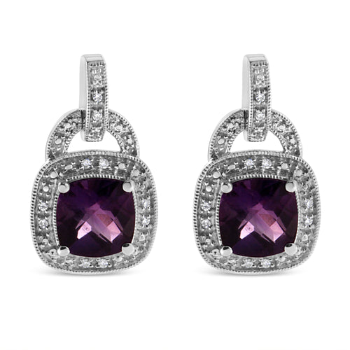 .925 Sterling Silver 8MM Natural Cushion Shaped Amethyst and Diamond Accent Halo with Push Back Dangle Earrings (I-J Color, I2-I3 Clarity)-1