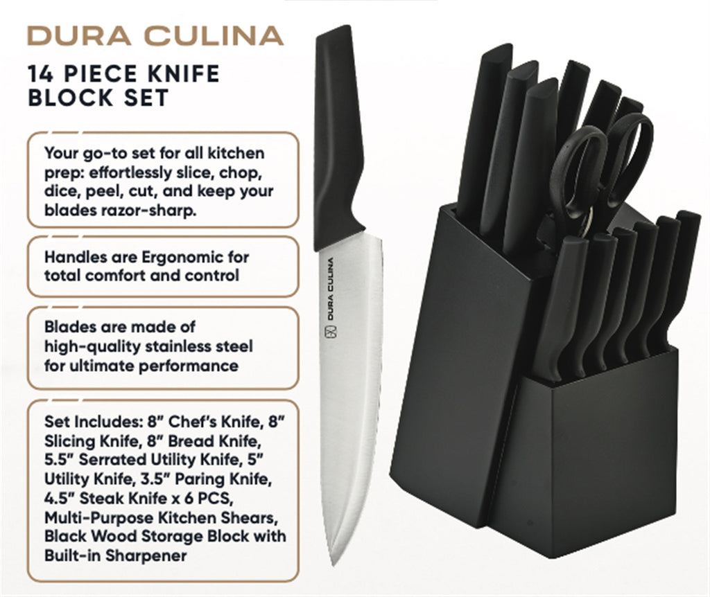 14-Piece Knife Block Set - High Carbon Stainless Steel with Ergonomic Handles, Built-In Sharpener, Black Wood Storage Block-4