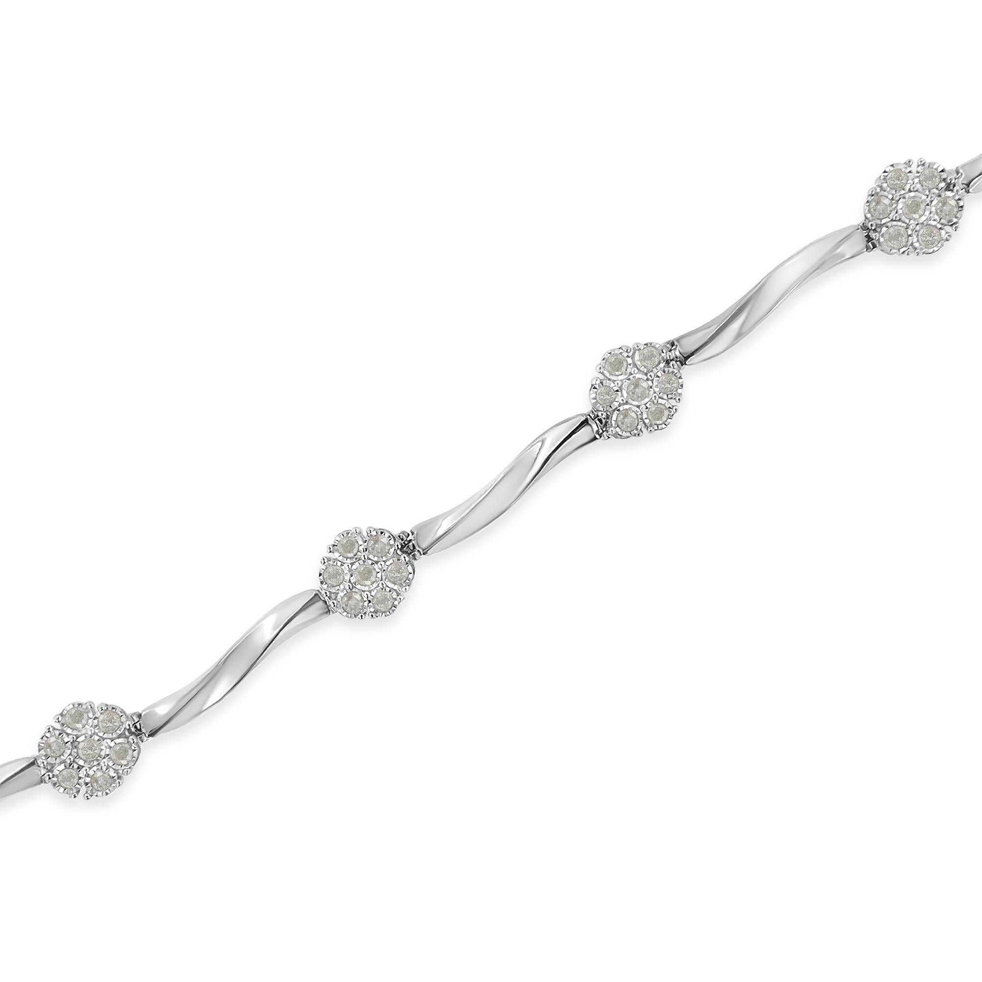 .925 Sterling Silver 1/4 Cttw Diamond Cluster Miracle-Set Station & Twisted Bar 7" Tennis Bracelet (H-I Color, I2-I3 Clarity)-2