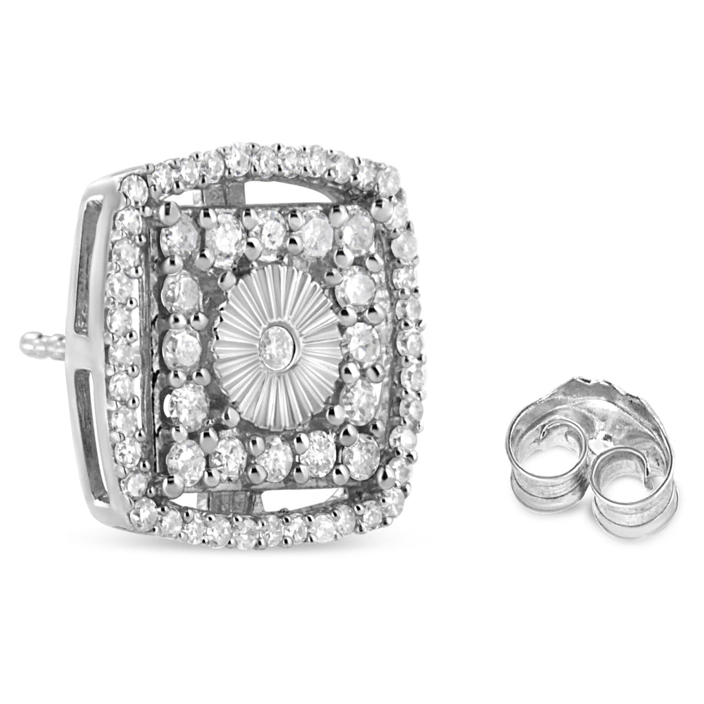 .925 Sterling Silver 1.0 Cttw Round Diamond Double Halo and Disc Stud Earring (I-J Color, I2-I3 Clarity)-2