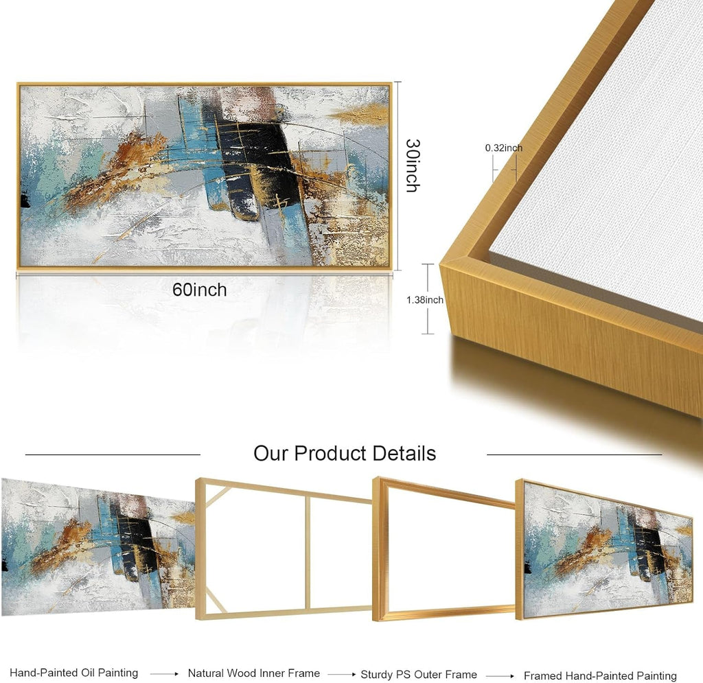 Framed Abstract Oil Painting 60x30 Inch Textured Blue-4