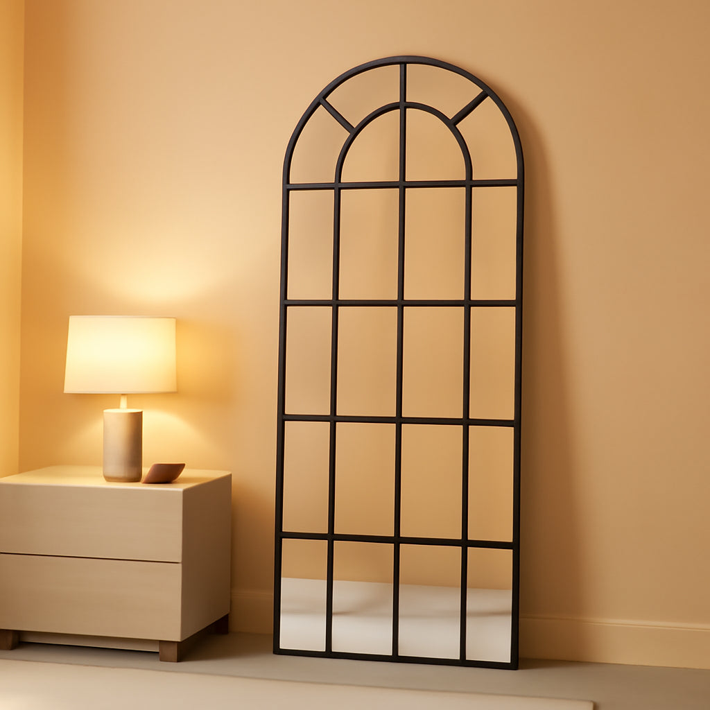 Elegant Arched Windowpane 71x30 Full Length Mirror Black