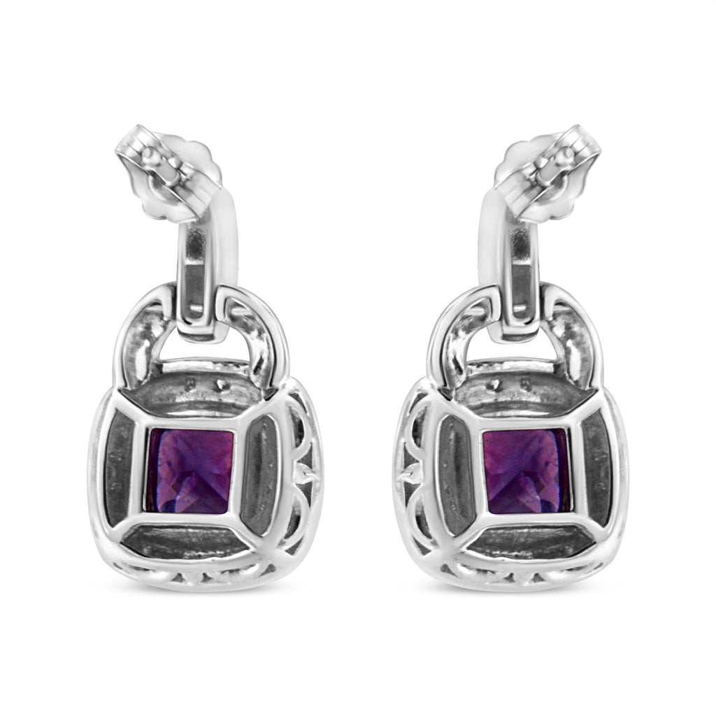 .925 Sterling Silver 8MM Natural Cushion Shaped Amethyst and Diamond Accent Halo with Push Back Dangle Earrings (I-J Color, I2-I3 Clarity)-3