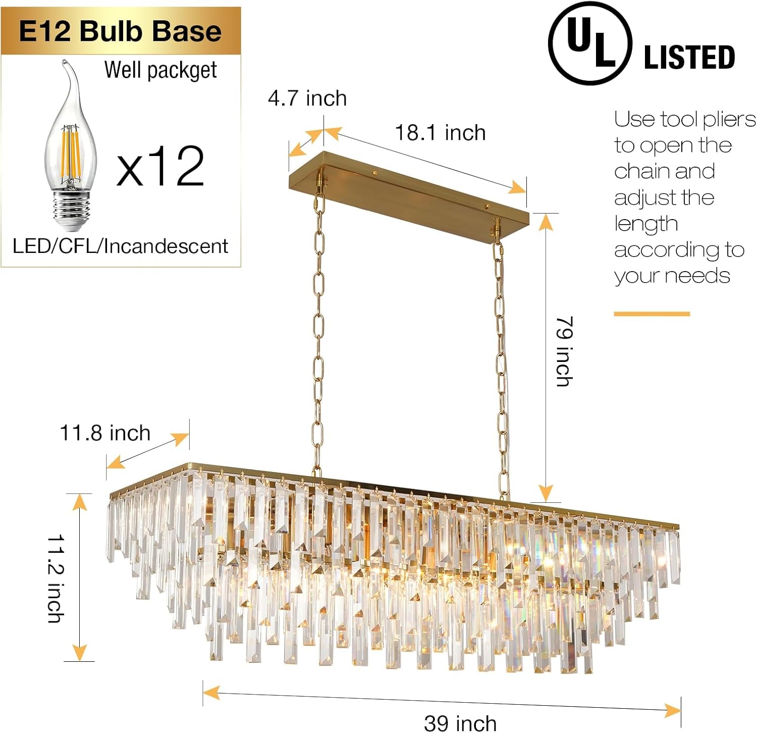 39 Inch Gold Crystal Prisms Chandelier Pendant Light-2