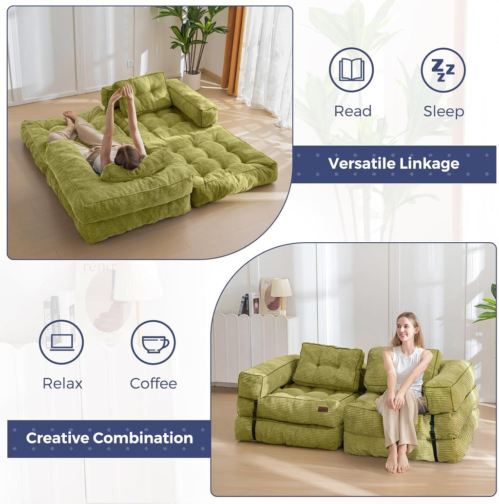 Green L Shaped Convertible Sofa Bed With Armrest And Pillow