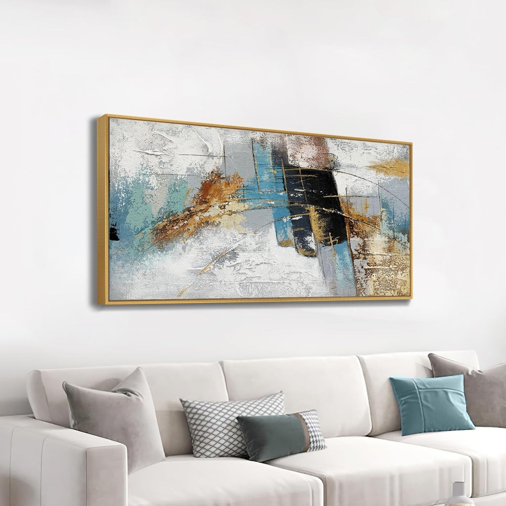 Framed Abstract Oil Painting 60x30 Inch Textured Blue-2