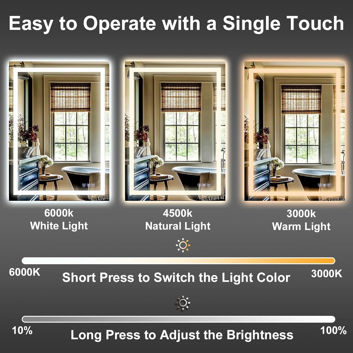 26x38 Inch LED Bathroom Mirror Dimmable Lighting Anti Fog