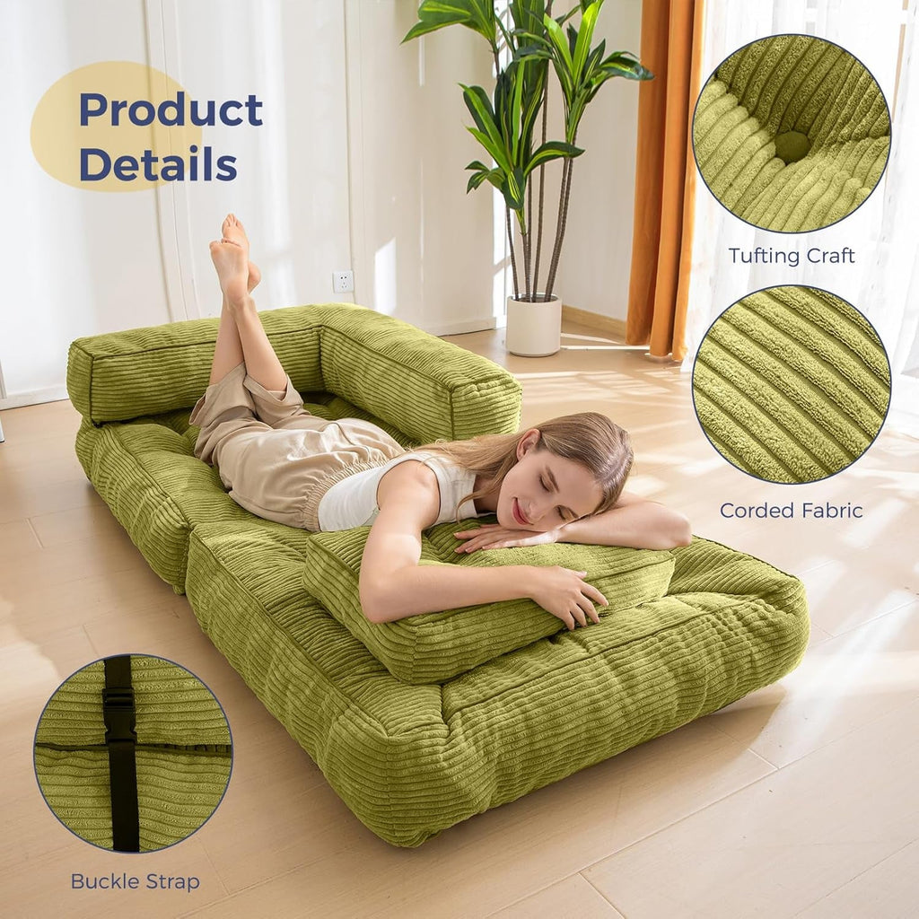Green L Shaped Convertible Sofa Bed With Armrest And Pillow