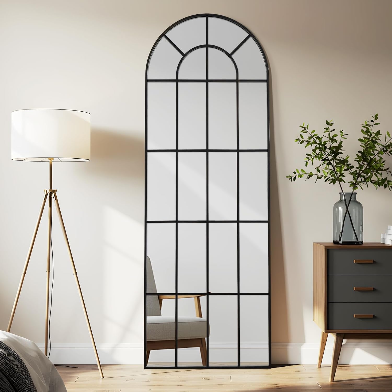 Elegant Arched Windowpane 71x30 Full Length Mirror Black