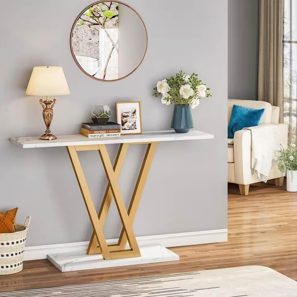 Modern Industrial Console Table with Faux White Marble Top and Gold Frame