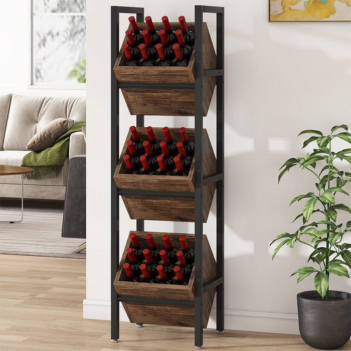 Rustic Farmhouse Industrial 3 Bin 36 Bottle Wine Rack Storage Display Shelf
