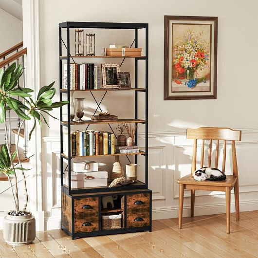 8-tier Bookshelf with 4 Fabric Drawers  and Heavy-duty Metal Frame-Coffee-0