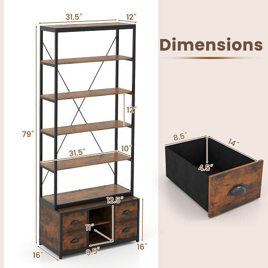 8-tier Bookshelf with 4 Fabric Drawers  and Heavy-duty Metal Frame-Coffee-3