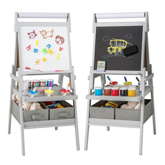 3-in-1 Art Easel for Kids with Magnetic Chalkboard and Whiteboard-Gray