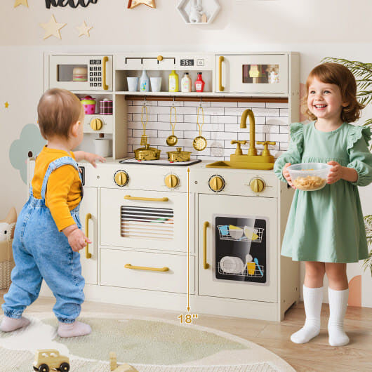Pretend Toy Kitchen Set with Stoves and Water Dispenser-Beige
