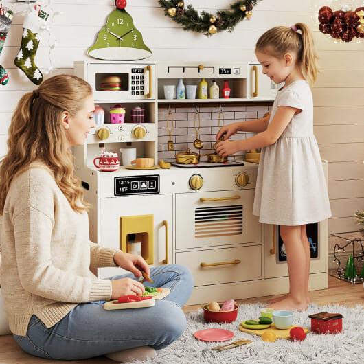 Pretend Toy Kitchen Set with Stoves and Water Dispenser-Beige