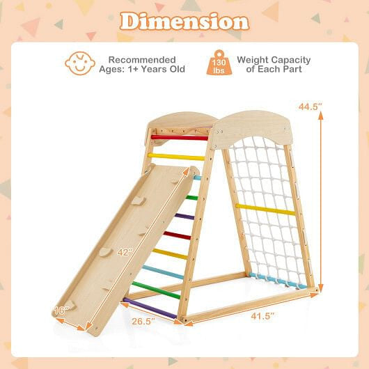 6-in-1 Jungle Gym Wooden Indoor Playground with Double-Sided Ramp and Monkey Bars-Multicolor