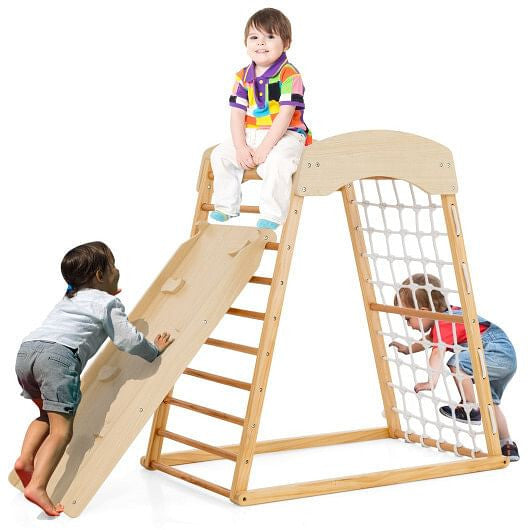 6-in-1 Jungle Gym Wooden Indoor Playground with Double-Sided Ramp and Monkey Bars-Multicolor
