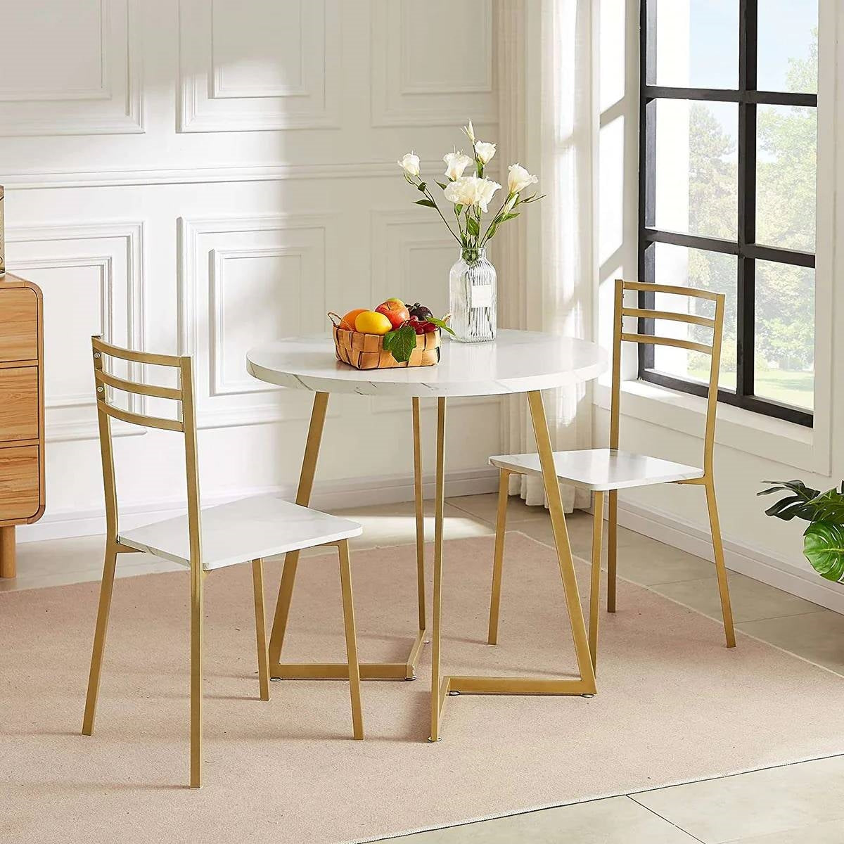 3-Piece Kitchen Dining Set with Round White Faux Marble-Top Table and 2 Chairs