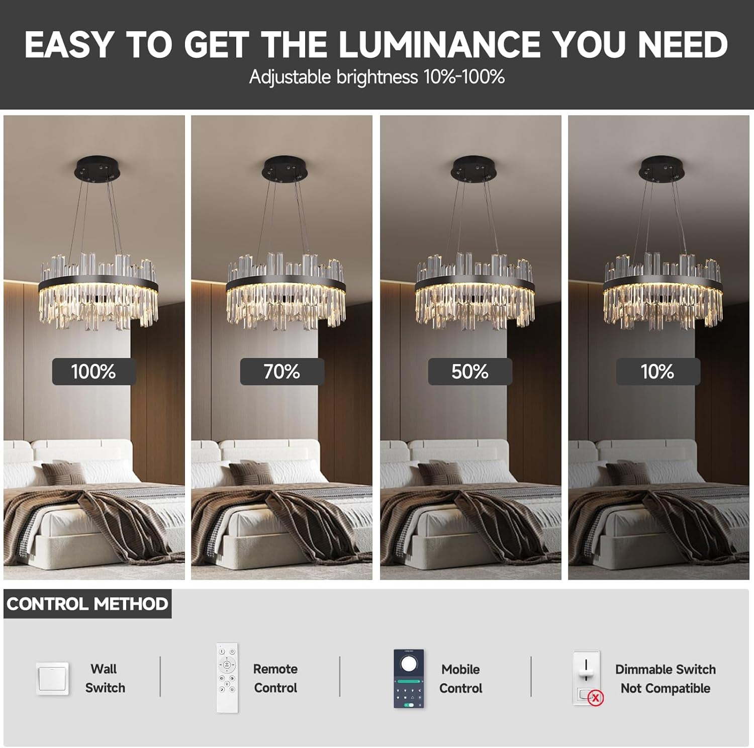 Black LED Modern Crystal Chandelier, 19.7 Inch Round, 3 Color Dimmable-4