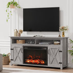 Rustic Fireplace TV Stand 65 Inch with Barn Doors Grey Wash