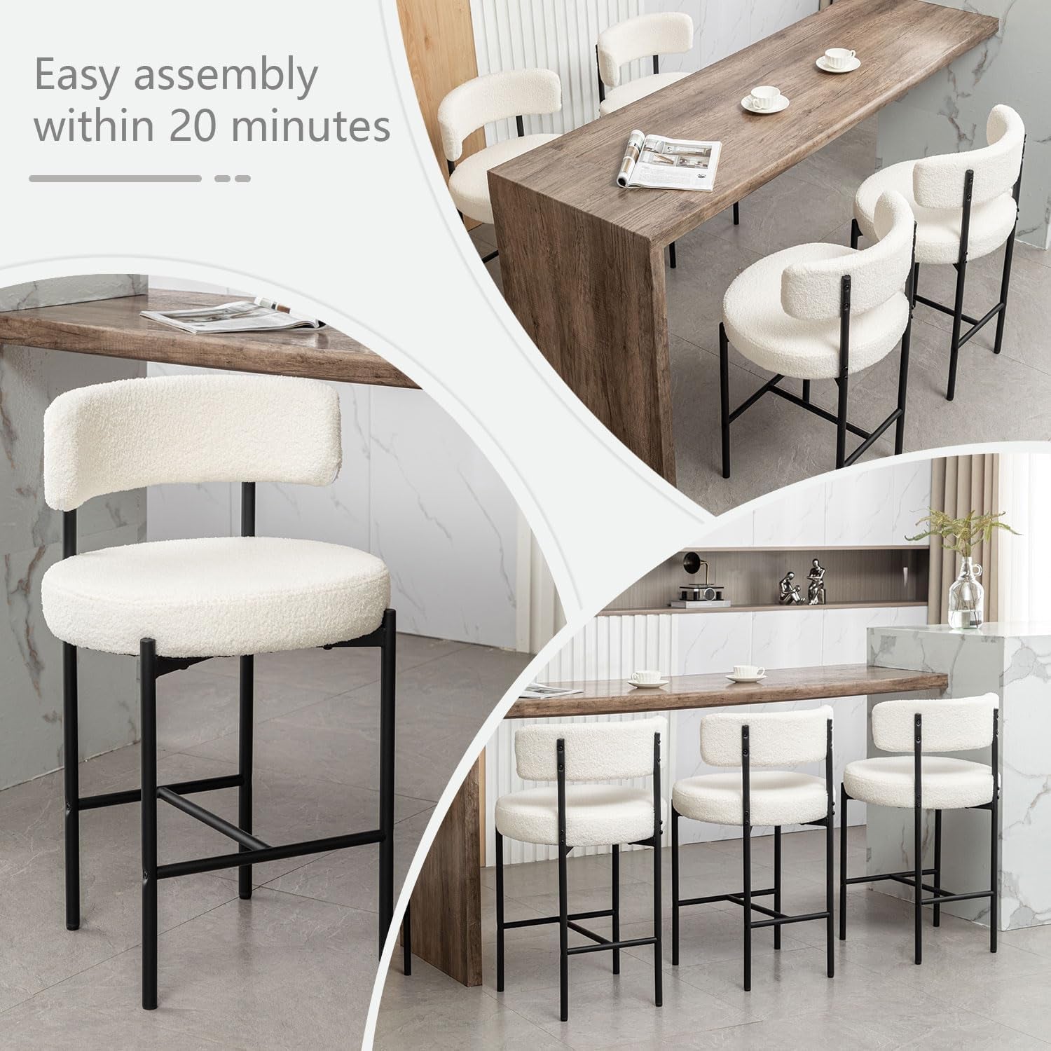 Boucle Bar Stools Set Of 3 24 Inch White Upholstered Counter Stools With Backs