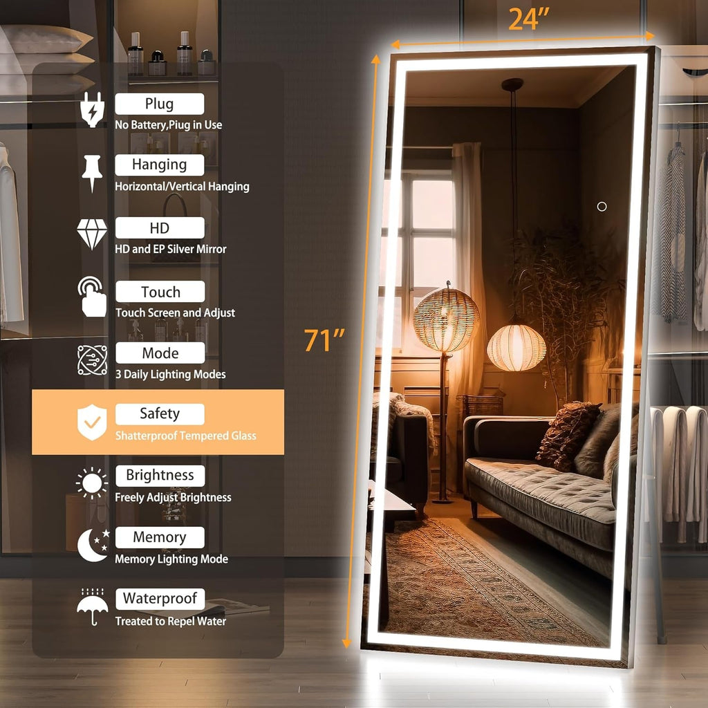 71-Inch Full-Length Floor Mirror LED-Illuminated Durable