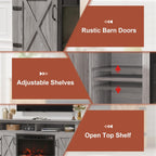 Rustic Fireplace TV Stand 65 Inch with Barn Doors Grey Wash