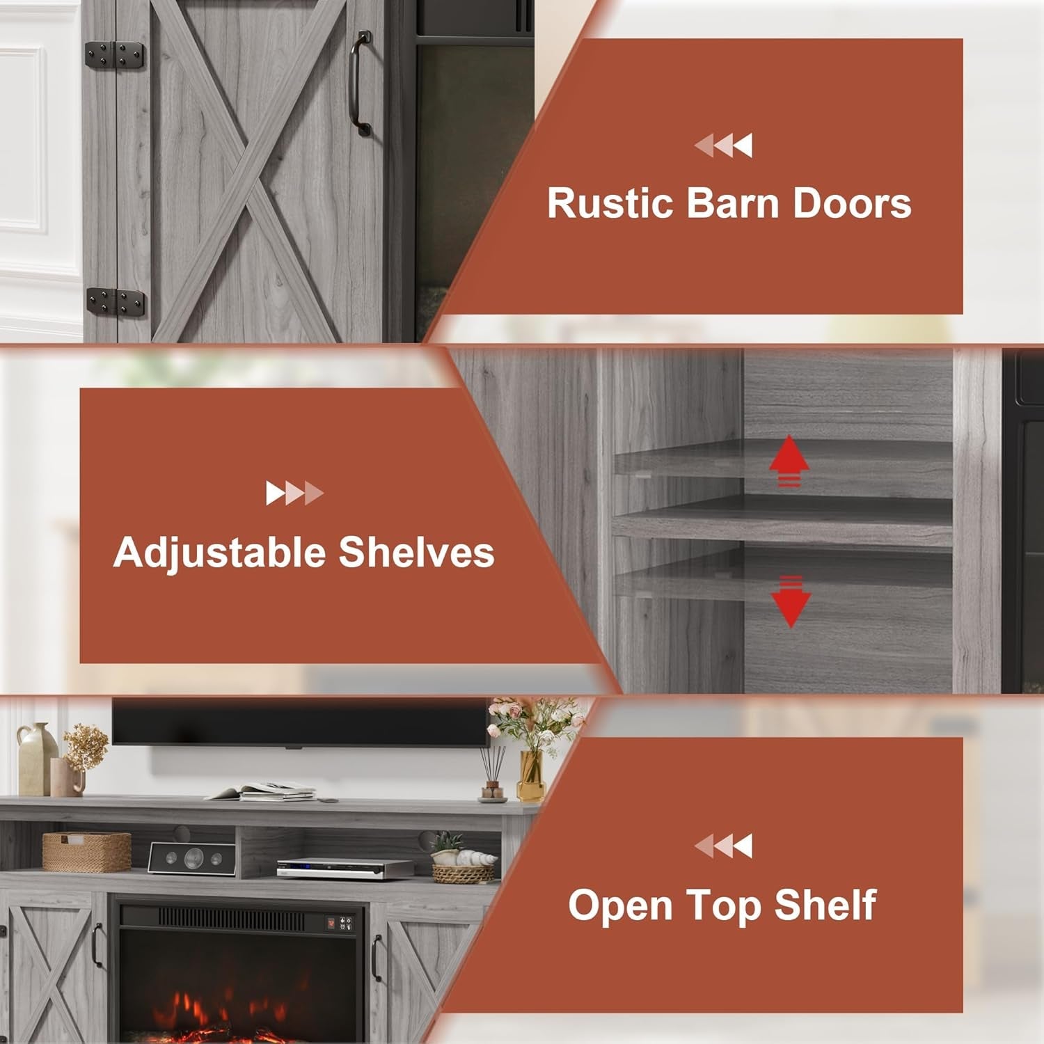 Rustic Fireplace TV Stand 65 Inch with Barn Doors Grey Wash