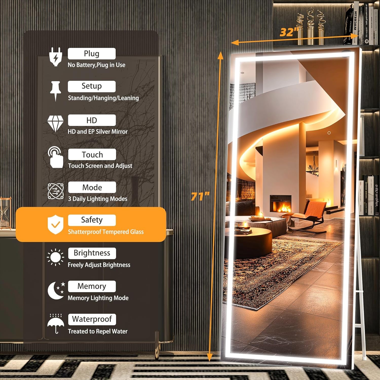 Illuminated Floor Length Mirror 71x32 Inch Dimmable