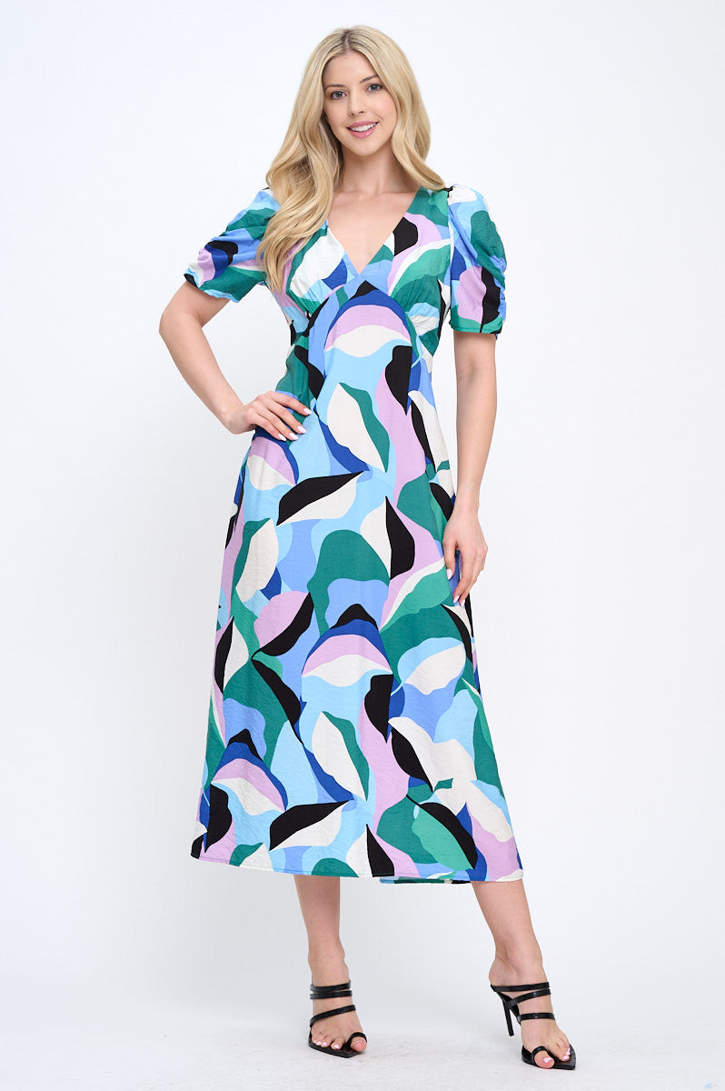 Abstract Print V neck Midi Dress
