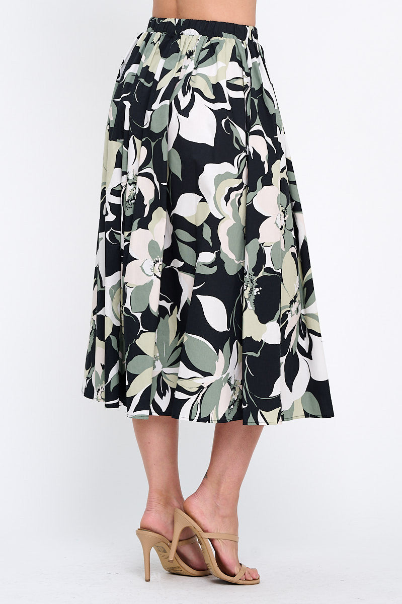 Cotton Floral Print Flowy Midi Skirt with Pockets