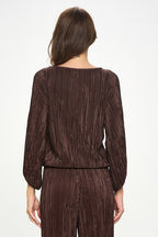 Plisse Solid Round neck Top with 3/4 Sleeve