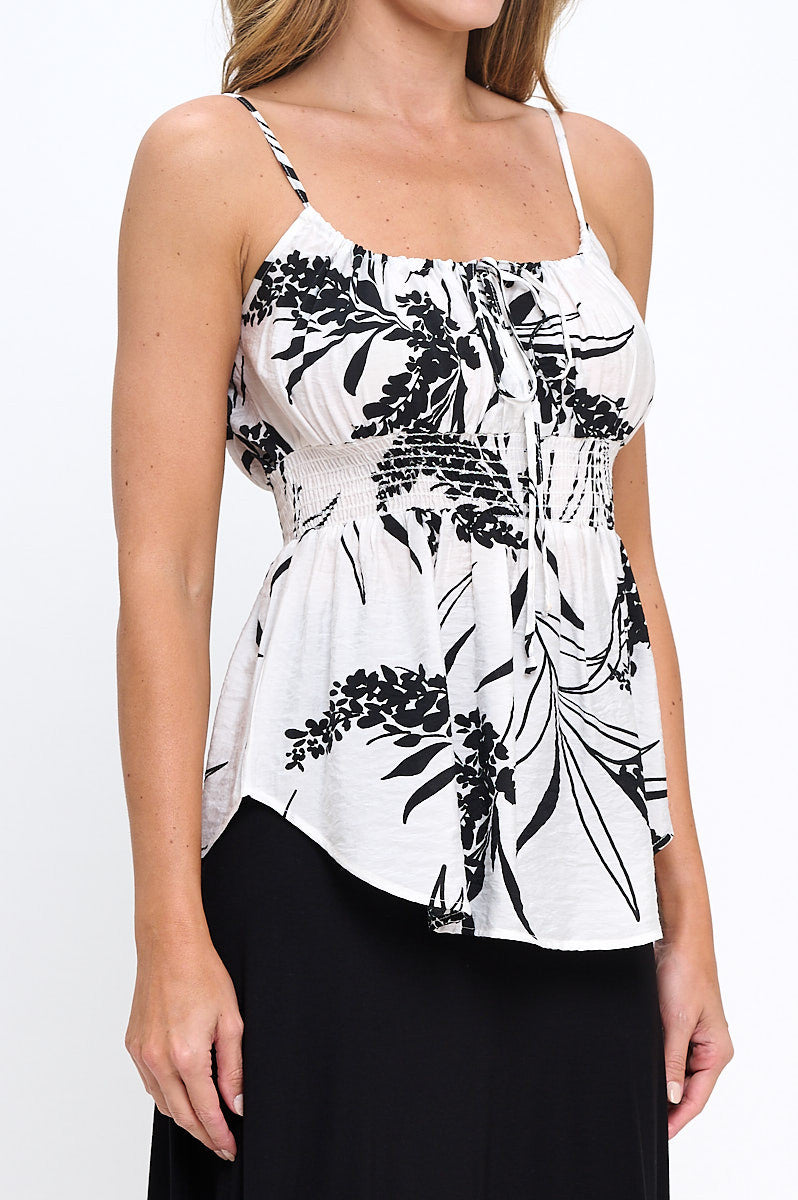Leaf Print Spaghetti Strap Top with Smock Detail
