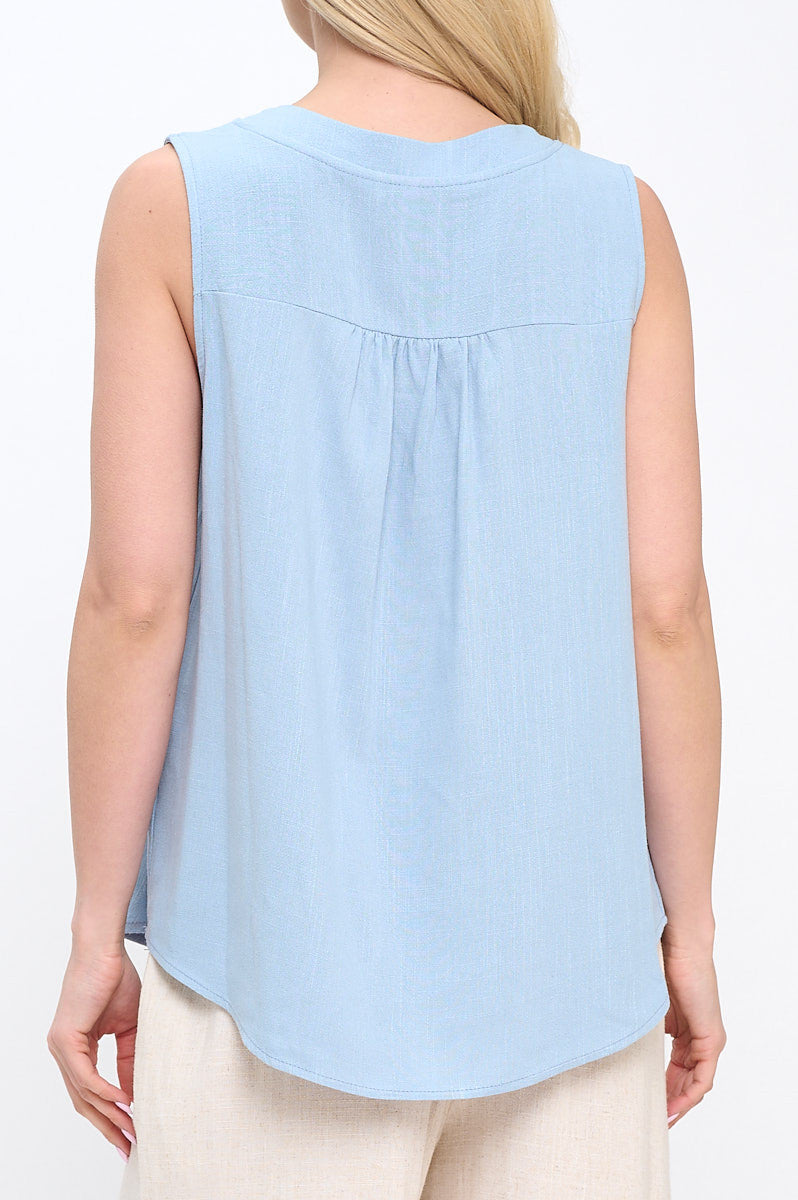 Linen Solid V neck Sleeveless Top