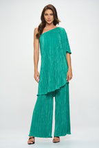 Plisse One Shoulder Draped Tunic Dress