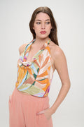 Tropical Leaf Print Halter Neck Backless Top