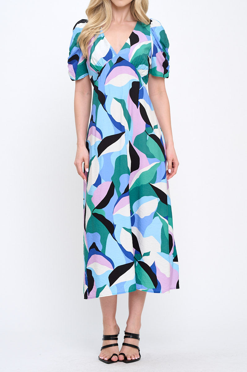 Abstract Print V neck Midi Dress