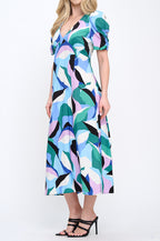 Abstract Print V neck Midi Dress