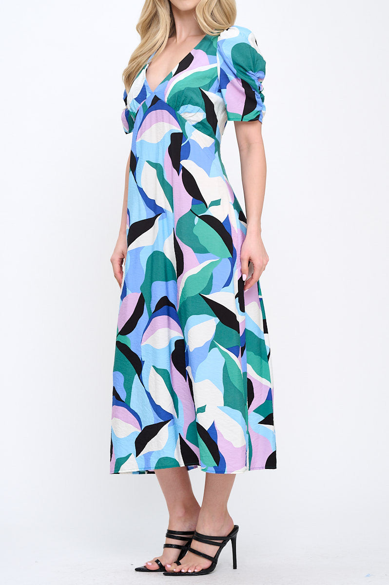 Abstract Print V neck Midi Dress