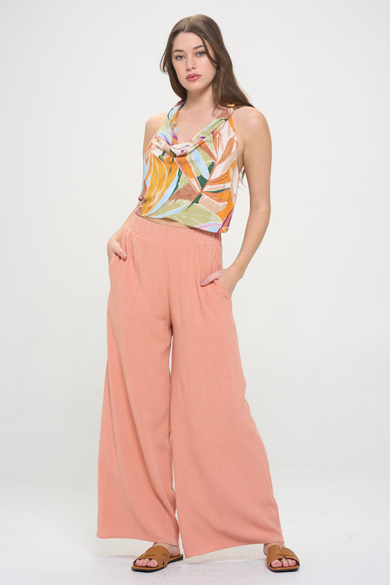 Tropical Leaf Print Halter Neck Backless Top